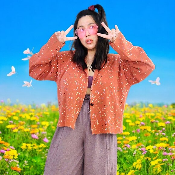 Vintage Sweaters - United Knit Wear vtg 90s made in USA 100% cotton paint splattered art cardigan M